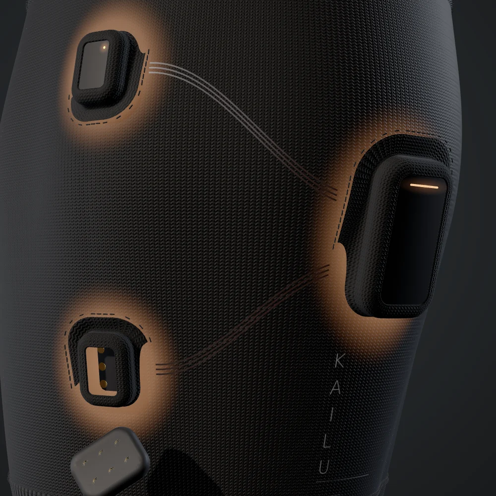 The KAILU sleeve on a thigh with the heating zones glowing under the hub and both satellite pods